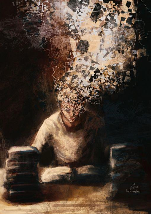 figure with puzzle-piece head studying at a desk